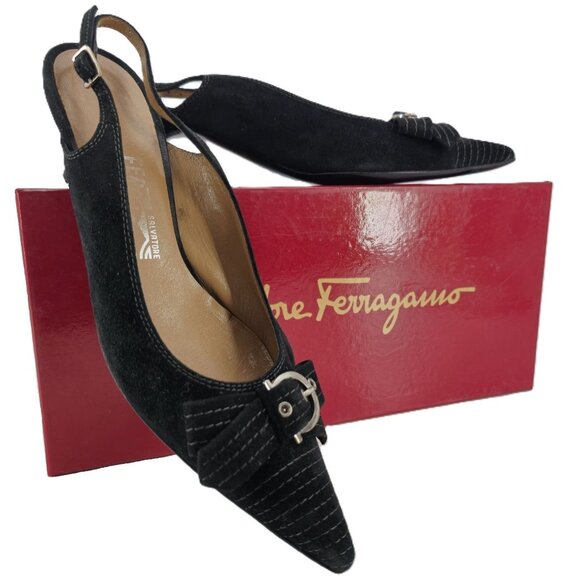 Salvatore Ferragamo Shoes - Vintage Salvatore Ferragamo Black Striped Suede Formal Slingback Kitten Heel 8AA